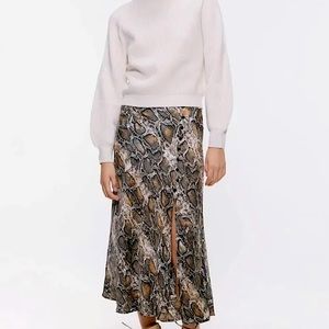 Zara Snakeskin Print Satin-style Midi Skirt